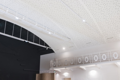Plafond acoustique et esthétique en plaques de plâtre cintrées Knauf Delta