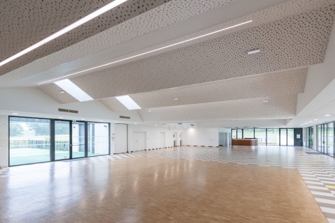 Réalisation plafond décoratif acoustique plaques de plâtre Knauf Delta Domino, Salle polyvalente L'étang