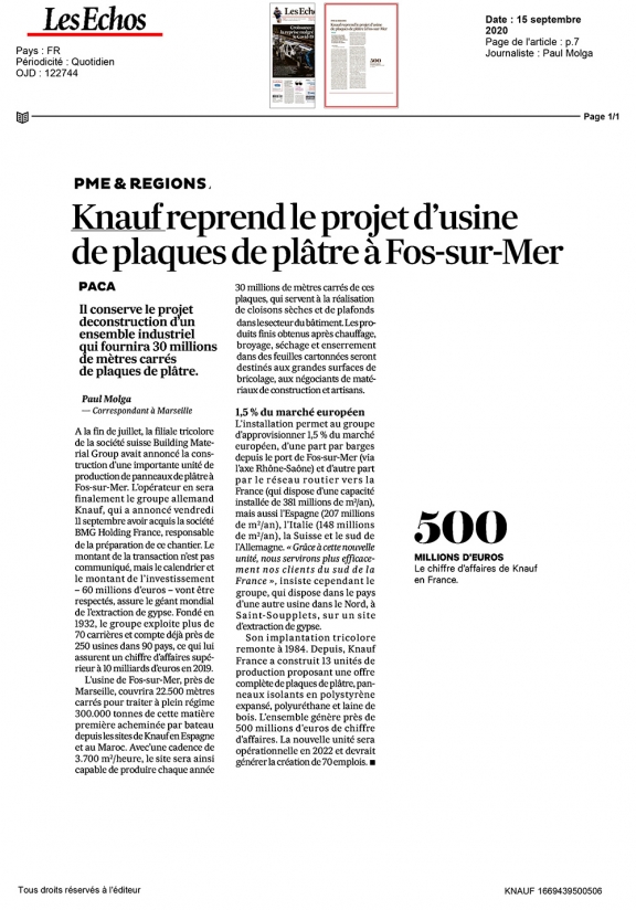 Knauf reprend le projet d’usine de plaques de plâtre à Fos-sur-Mer