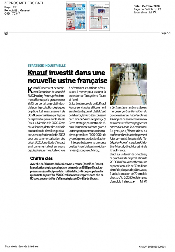 Retombée presse - Knauf investit dans une nouvelle usine de plaque de plâtre