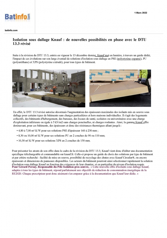 Article Presse Isolation sous dallage Knauf, Batinfo Mars 2022