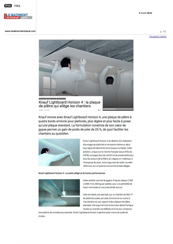 Article Presse Knauf Lightboard Horizon 4, le batiment artisanal